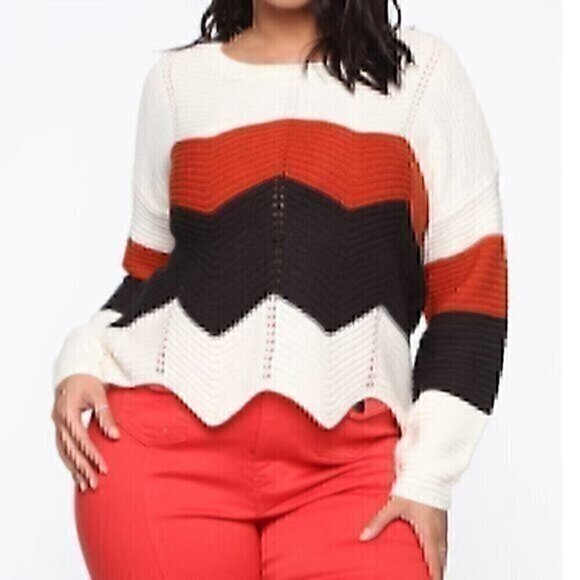 NEW NWT FASHION NOVA Plus Size Figure Out Us Sweater Cream Ivory Chevron Striped - Picture 1 of 12